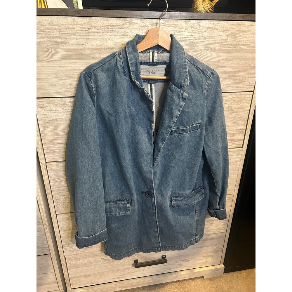 American Eagle Denim Blazer Medium Wash Single Button Jacket Womens Size M